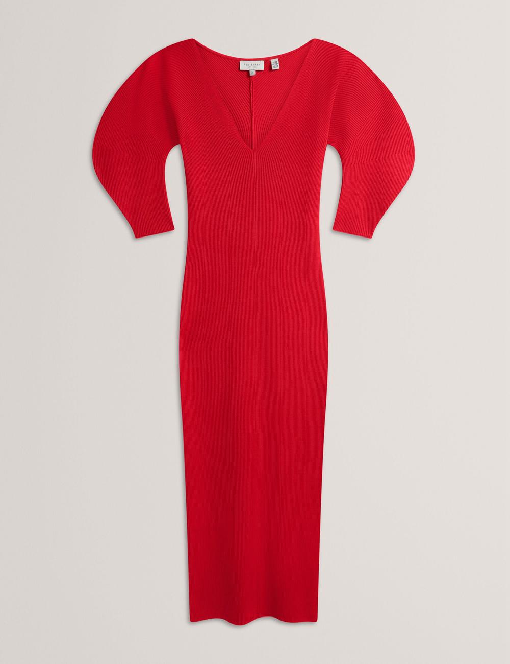 Women Ted Baker PRICILA - Shaped Sleeve Knitted Bodycon Midi Dresses Red | KSA  0958-FCGTI