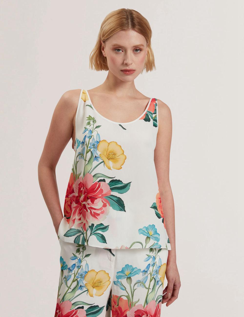 Women Ted Baker PURRLA - Floral Print Scoop Neck Sleeveless Tops White | KSA  4876-QPTRZ