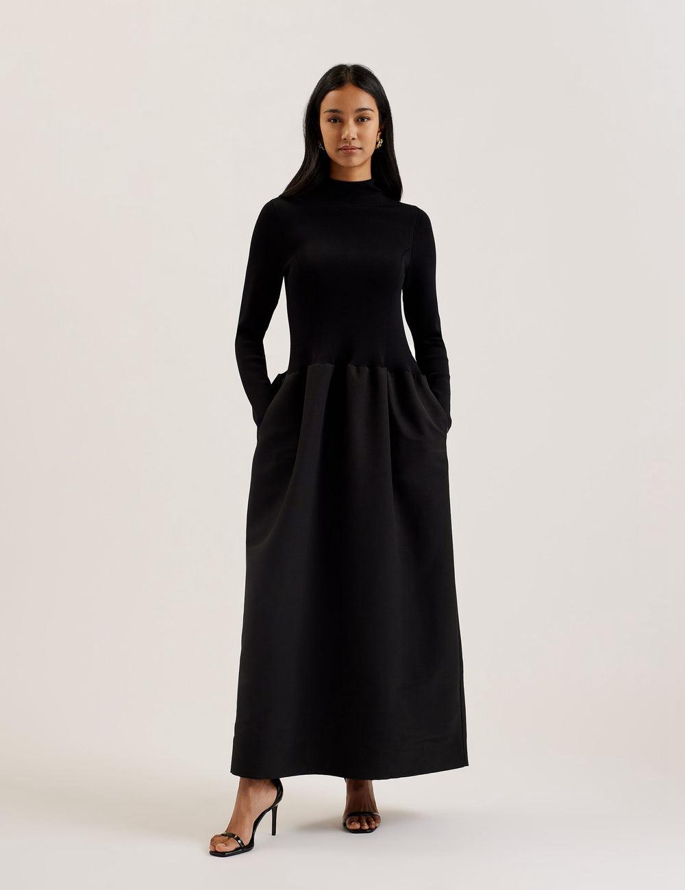 Women Ted Baker PYLIA - Structured With Knitted Bodice Maxi Dresses Black | KSA  7935-MZBHC