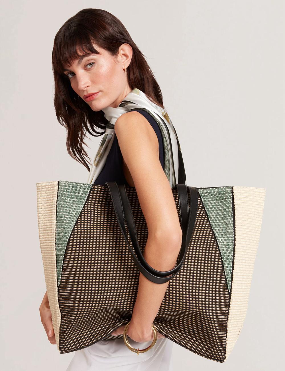 Women Ted Baker RAFIYA - Woven Colour Block Folding Shopper Shopper Bags Black | KSA  3719-VFWXB