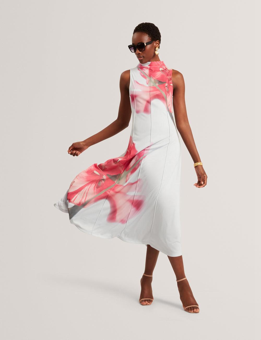 Women Ted Baker REBEHKA - High Neck Printed Jersey Midi Dresses Blue | KSA  9571-UXWPI