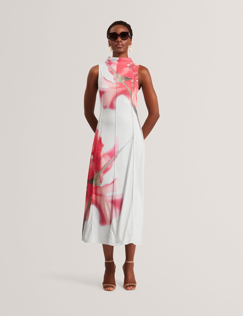 Women Ted Baker REBEHKA - High Neck Printed Jersey Midi Dresses Blue | KSA  9571-UXWPI