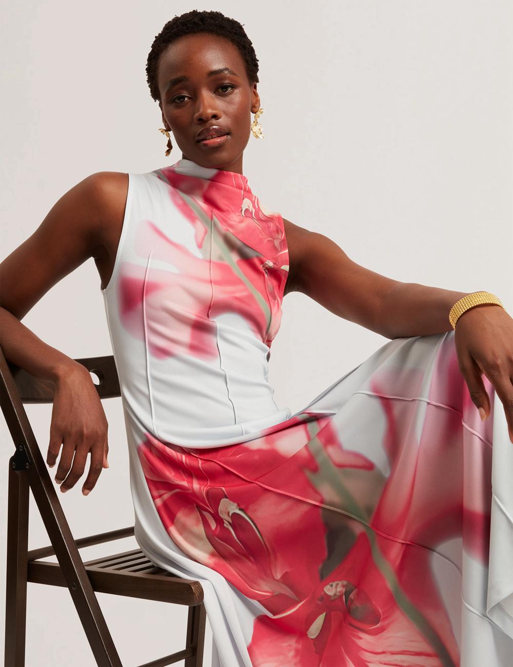 Women Ted Baker REBEHKA - High Neck Printed Jersey Midi Dresses Blue | KSA  9571-UXWPI