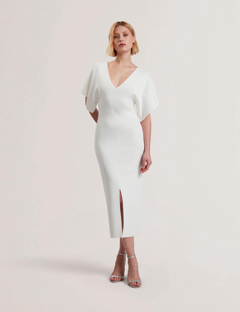 Women Ted Baker REBEXXA - Wide Sleeve Knitted Bodycon Midi Dresses Ivory | KSA  8269-RIDOU