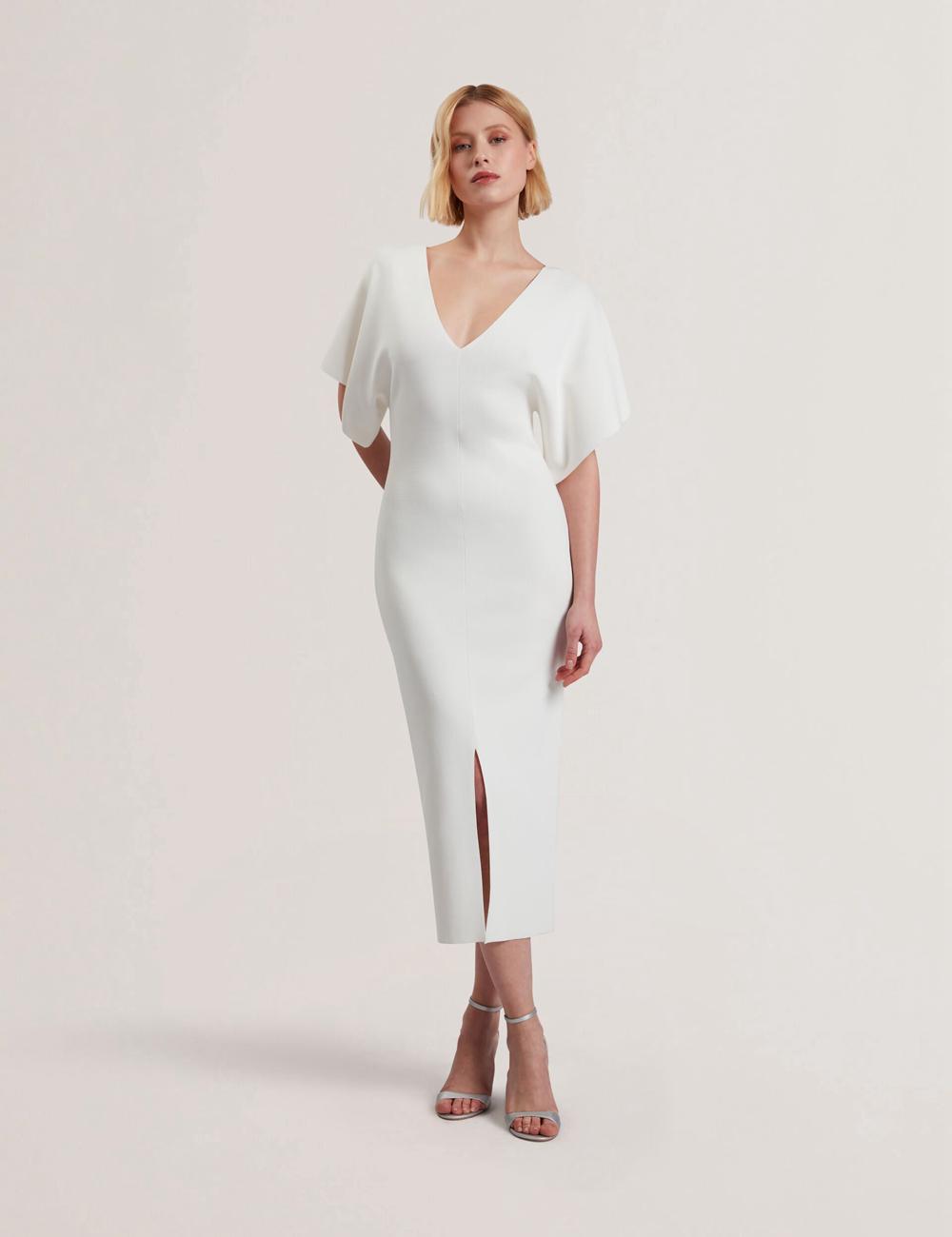 Women Ted Baker REBEXXA - Wide Sleeve Knitted Bodycon Midi Dresses Ivory | KSA  8269-RIDOU