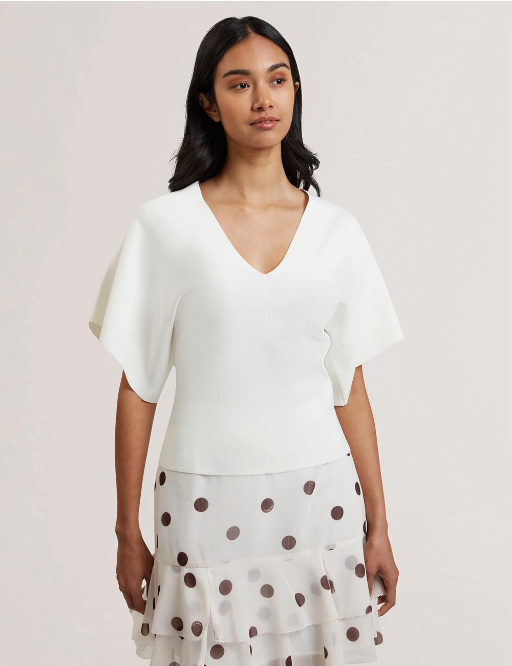 Women Ted Baker REGINAH - Wide Short Sleeve V-Neck Knitted Tops Ivory | KSA  2316-OCMVU