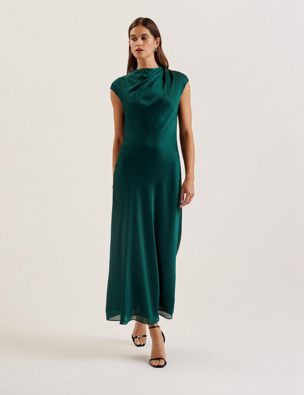 Women Ted Baker RIMINI - Chiffon Drape Neck Detail Maxi Dresses Dk-Green | KSA  3081-KJFDI