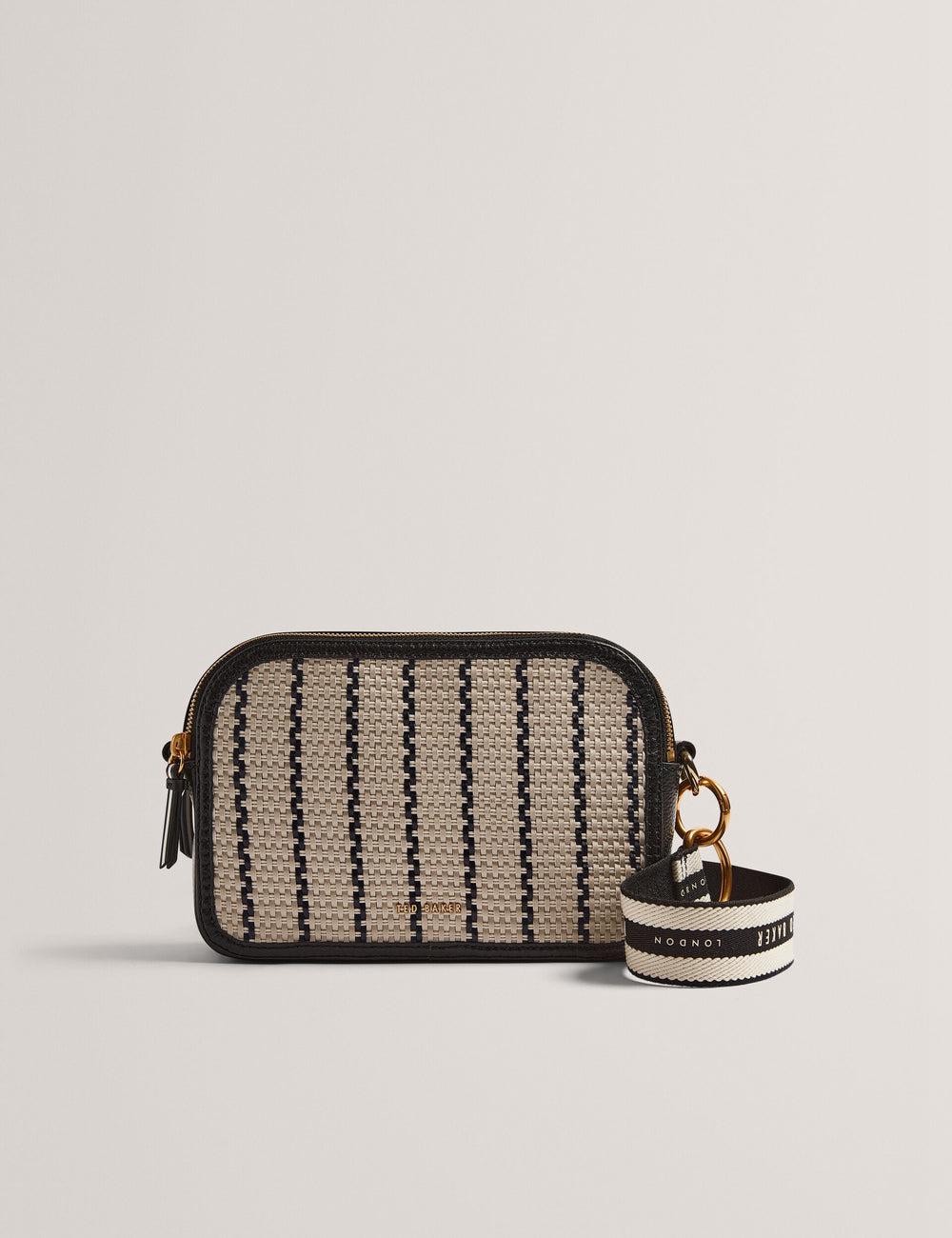 Women Ted Baker RIVEA - Woven Panel Faux Leather Camera Camera Bag Navy | KSA  0596-GHBCZ
