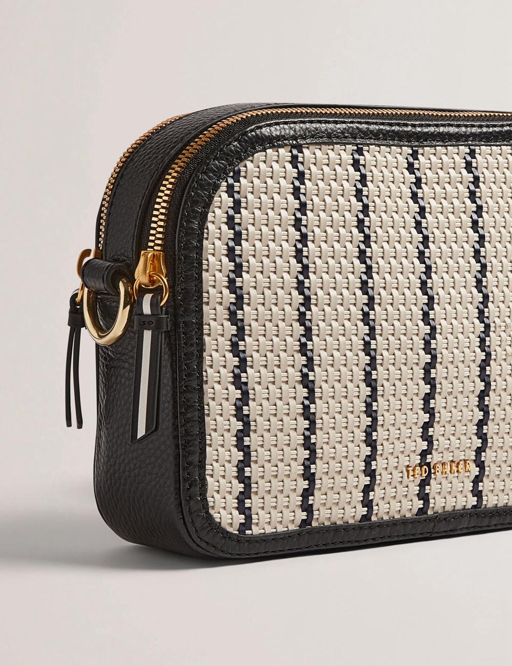 Women Ted Baker RIVEA - Woven Panel Faux Leather Camera Camera Bag Navy | KSA  0596-GHBCZ