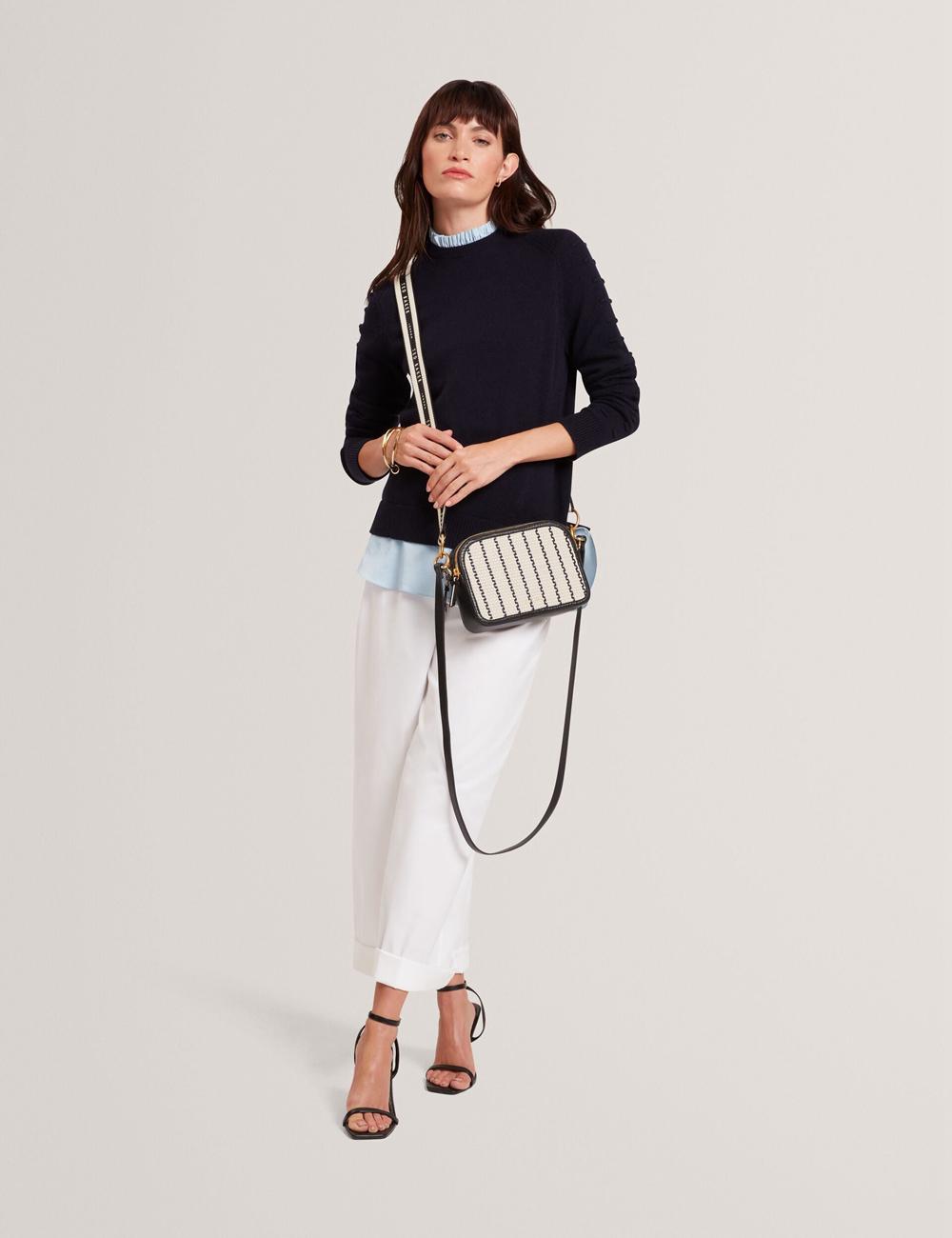 Women Ted Baker RIVEA - Woven Panel Faux Leather Camera Camera Bag Navy | KSA  0596-GHBCZ