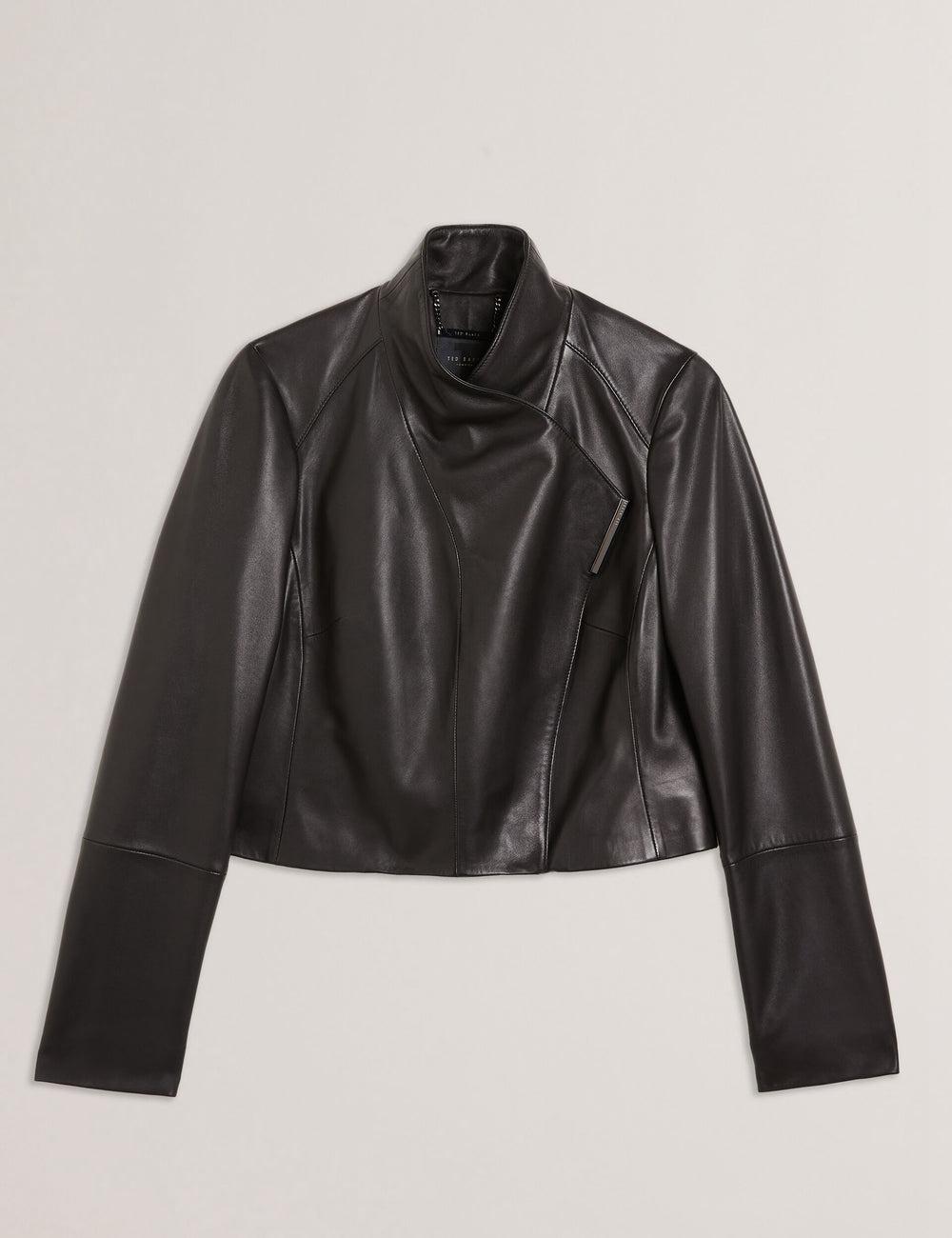 Women Ted Baker RIYOZE - Wrap Front Cropped Leather Jackets Black | KSA  8712-HTGAS