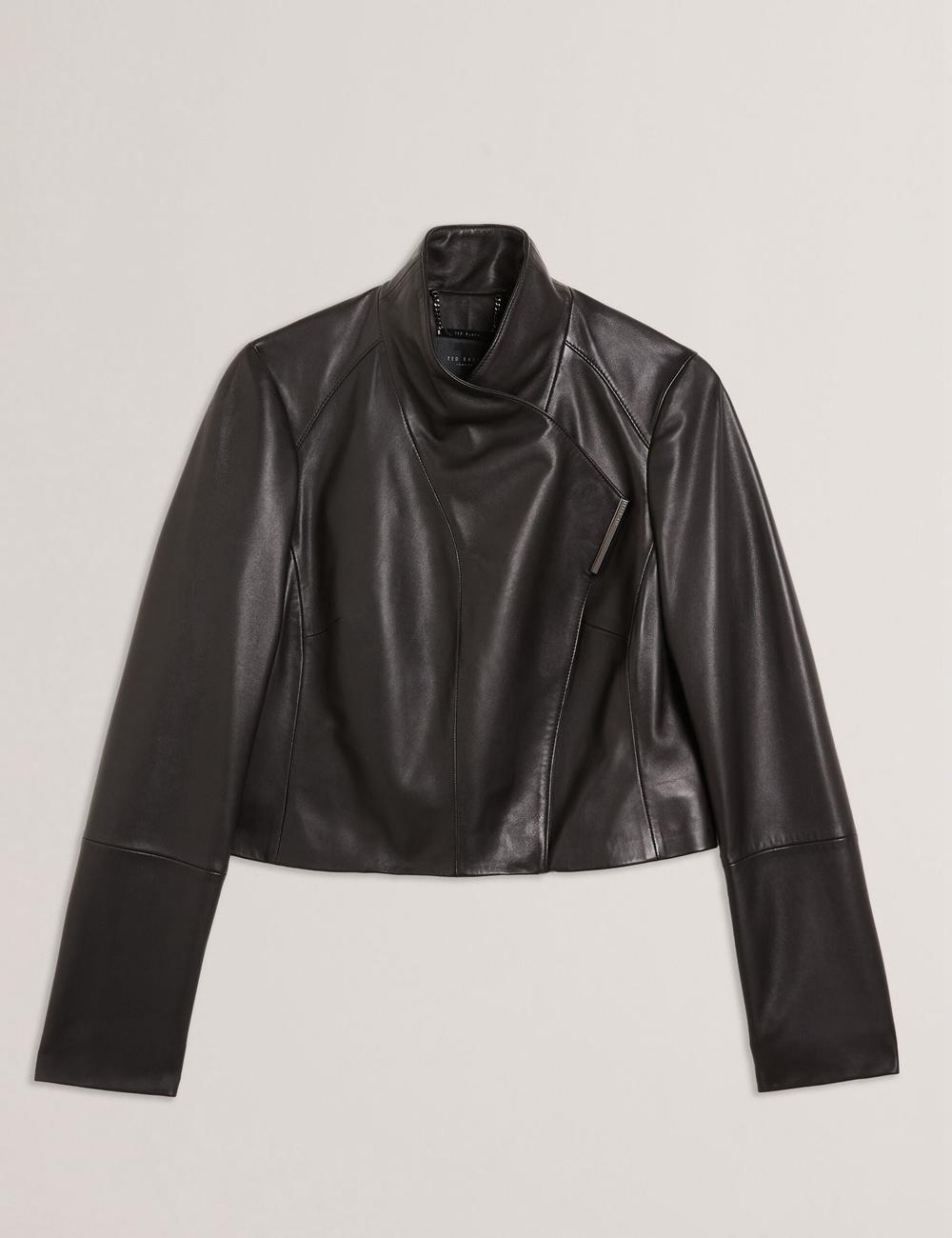 Women Ted Baker RIYOZE - Wrap Front Cropped Leather Jackets Black | KSA  8712-HTGAS