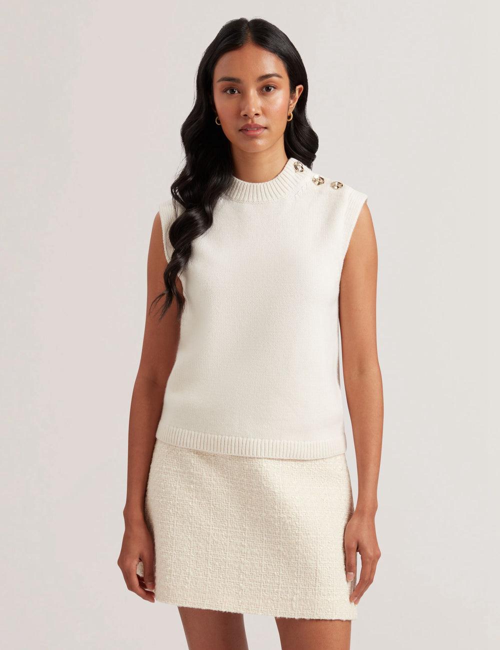 Women Ted Baker RONDHER - Rose Button Wool Knit Tank Tops Ivory | KSA  5326-OKATX