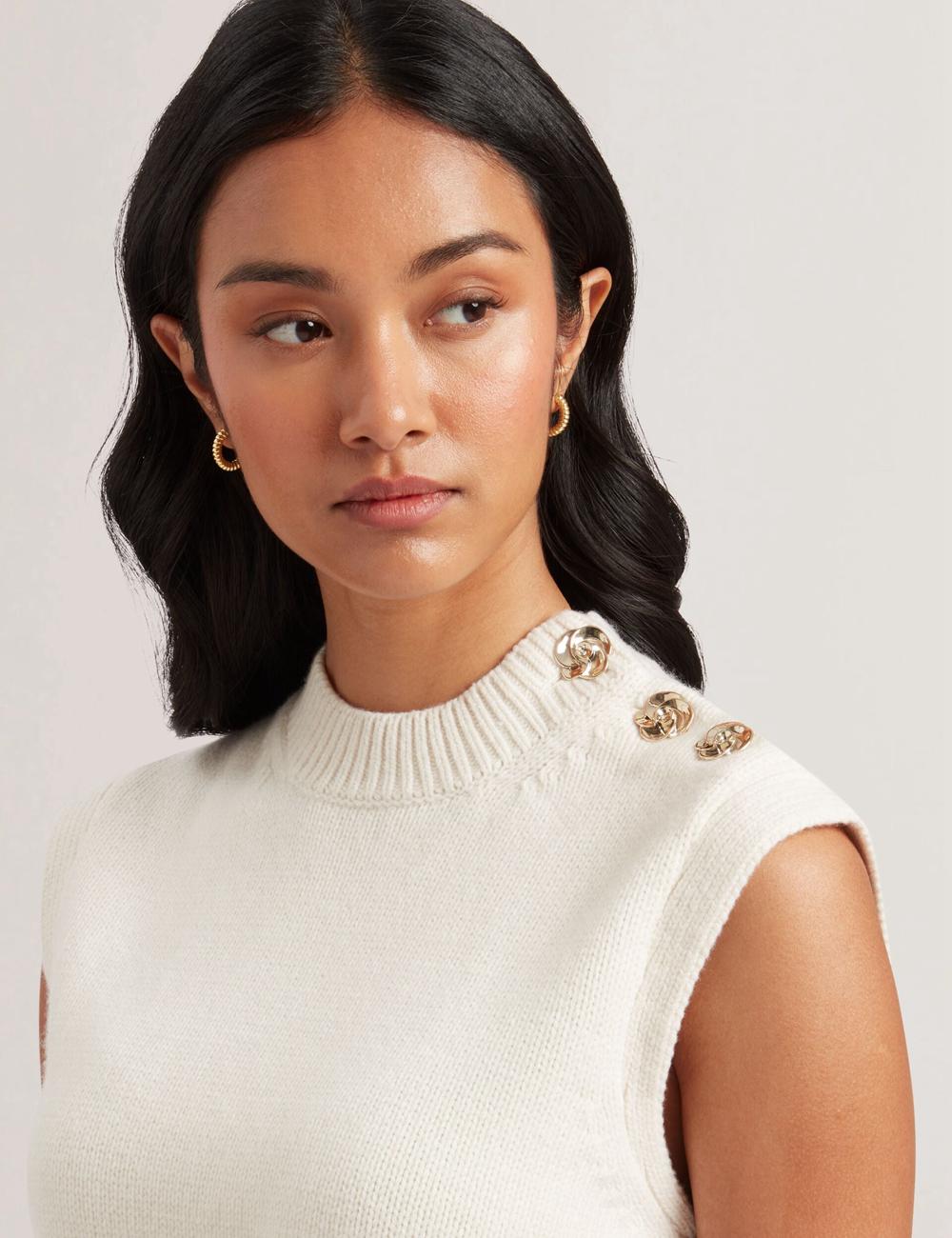 Women Ted Baker RONDHER - Rose Button Wool Knit Tank Tops Ivory | KSA  5326-OKATX