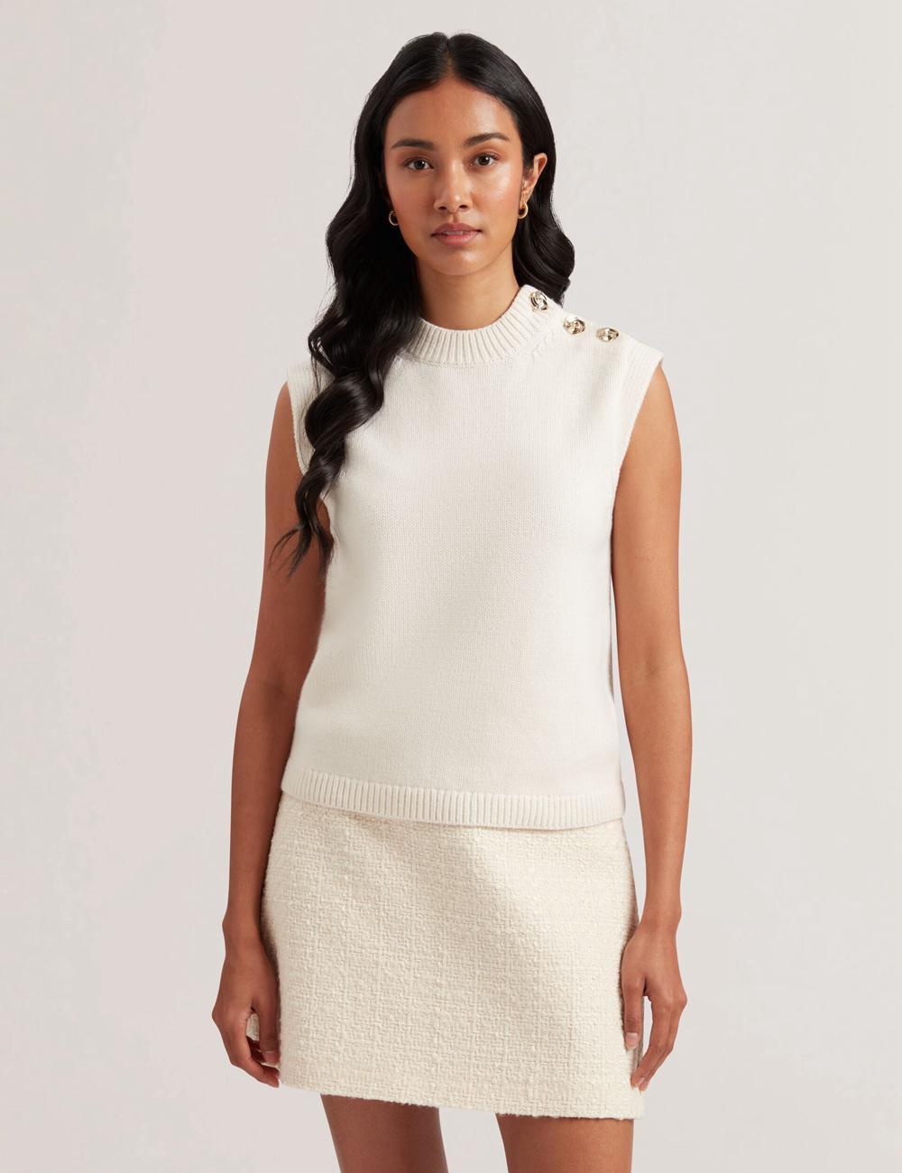 Women Ted Baker RONDHER - Rose Button Wool Knit Tank Tops Ivory | KSA  5326-OKATX