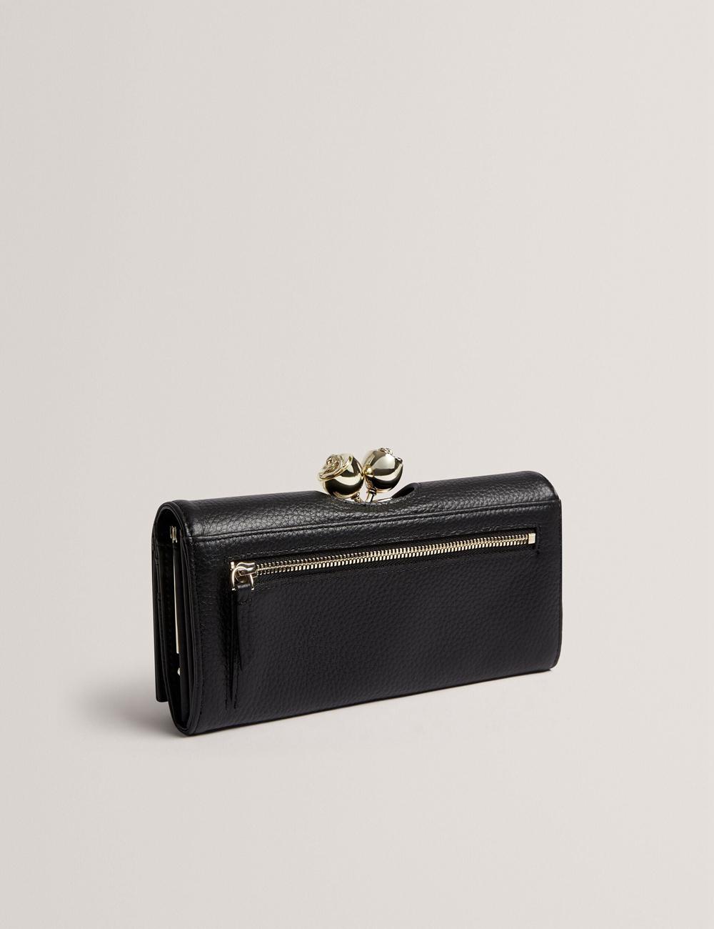 Women Ted Baker ROOSALI - Rose Clasp Large Bifold Leather Purses Black | KSA  5431-BONJV
