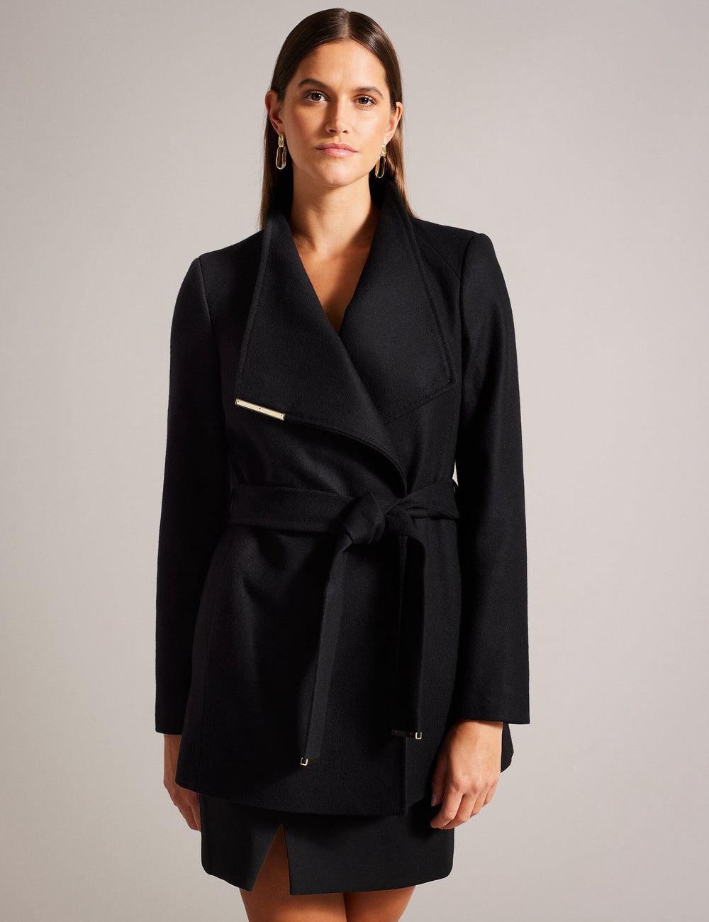 Women Ted Baker ROSESS - Short Belted Wool Wrap Coat Jackets Black | KSA  9230-PQXCN