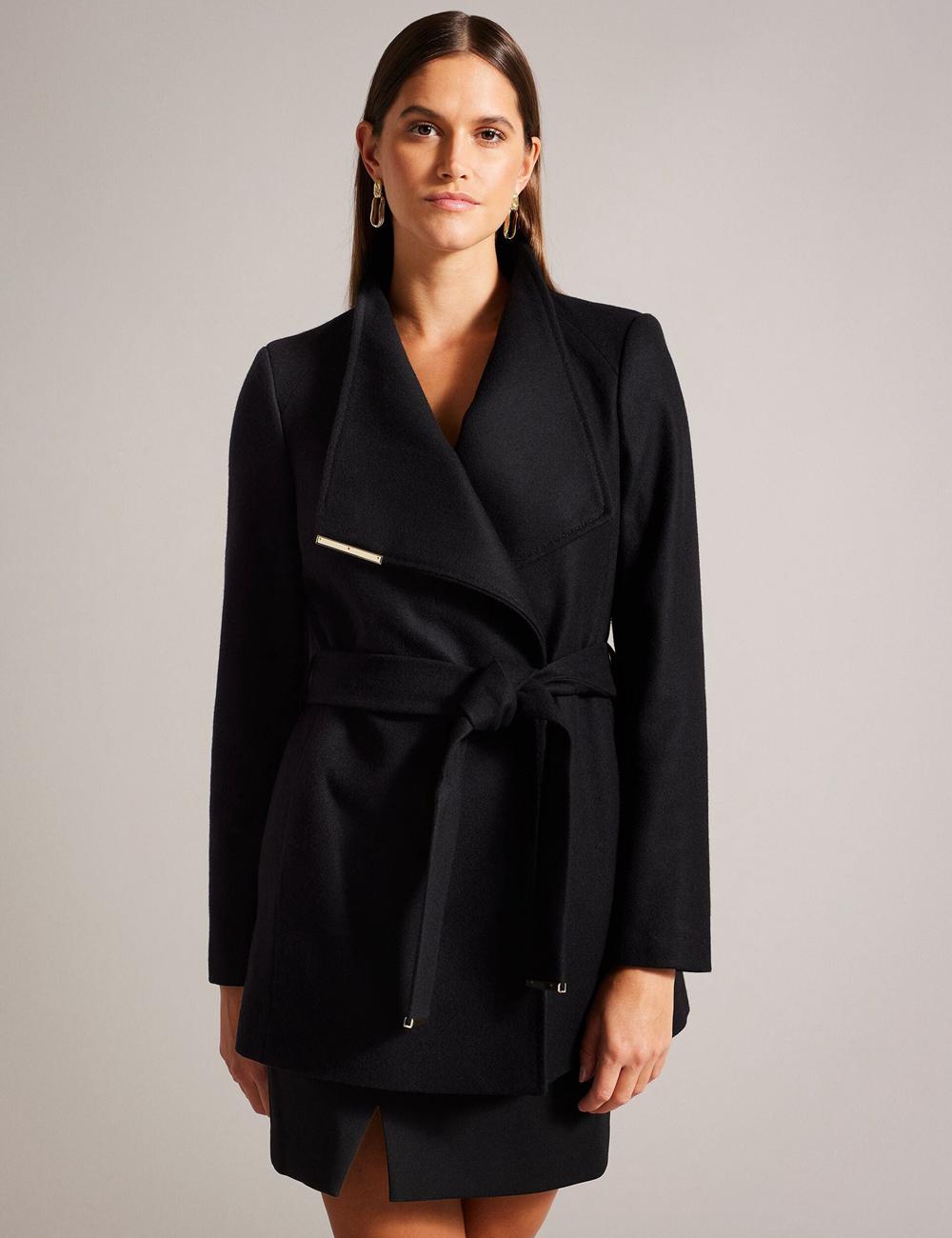 Women Ted Baker ROSESS - Short Belted Wool Wrap Coat Jackets Black | KSA  9230-PQXCN