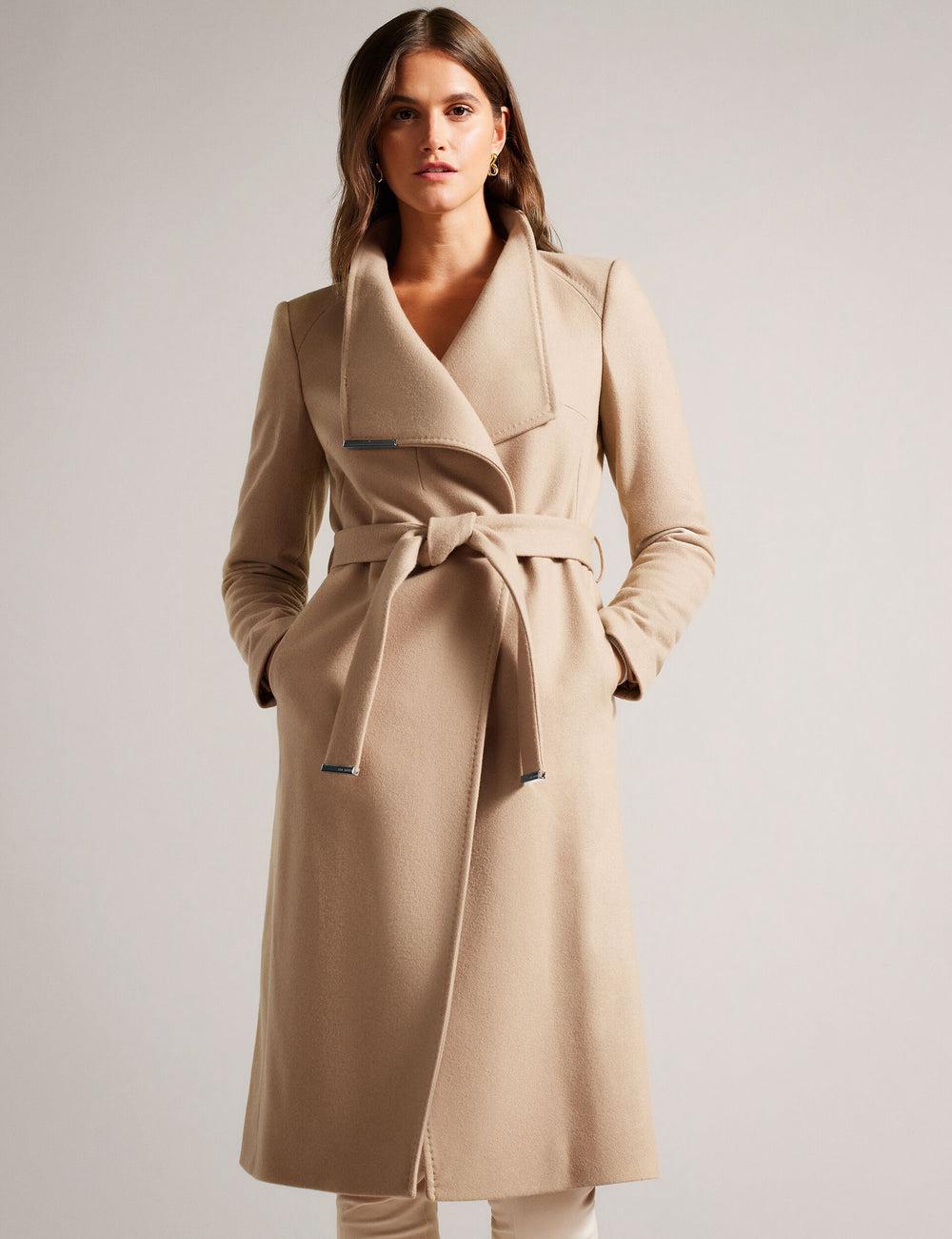Women Ted Baker ROSE - Midi Length Belted Wool Wrap Coat Jackets Camel | KSA  6280-VLAQM