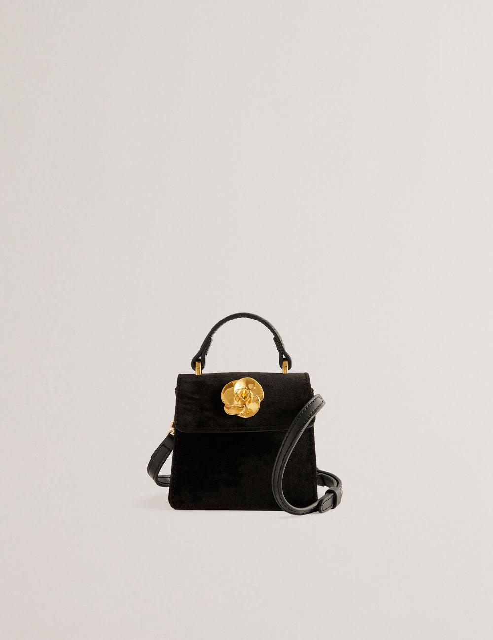 Women Ted Baker ROSIYA - Mini Velvet Rose Detail Top Handle Crossbody Bags Black | KSA  3746-AYBIP