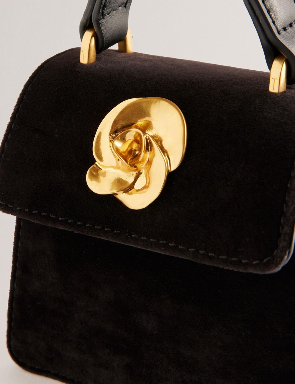 Women Ted Baker ROSIYA - Mini Velvet Rose Detail Top Handle Crossbody Bags Black | KSA  3746-AYBIP