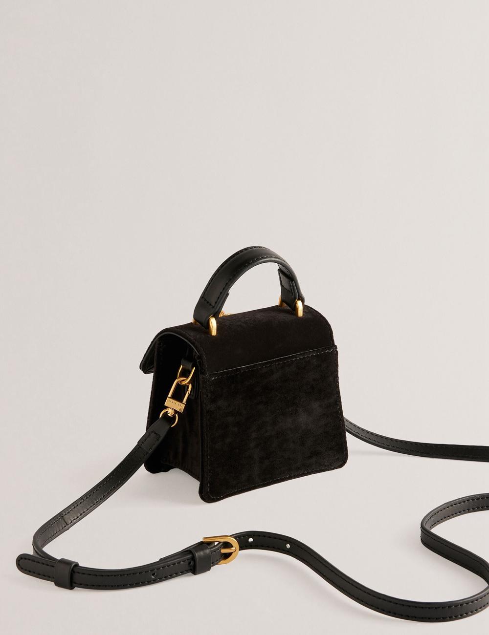 Women Ted Baker ROSIYA - Mini Velvet Rose Detail Top Handle Crossbody Bags Black | KSA  3746-AYBIP