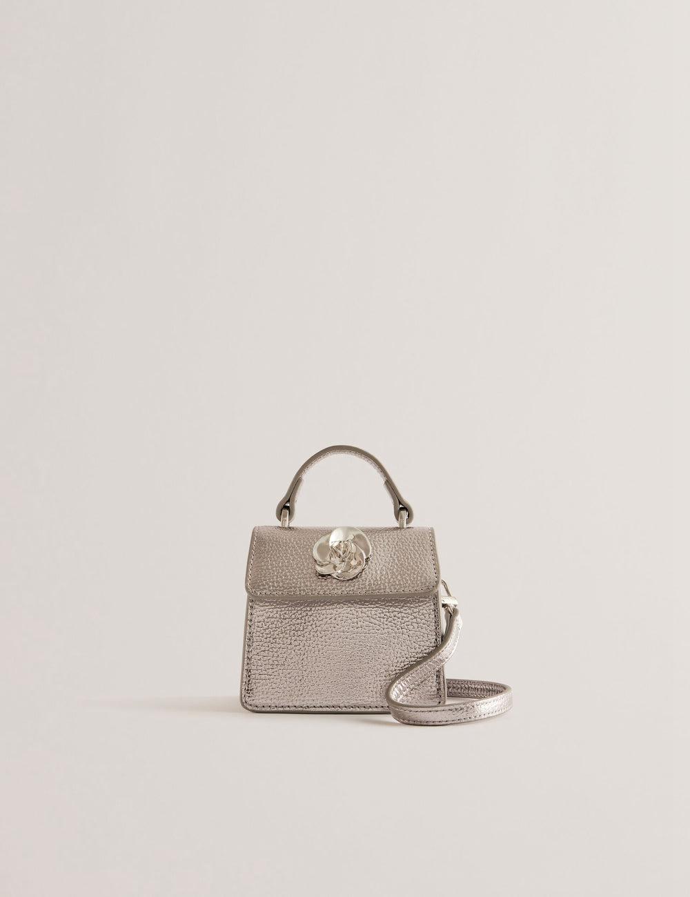 Women Ted Baker ROSLIE - Metallic Leather Mini Top Handle Shoulder Bags Silver | KSA  0759-MSYAQ