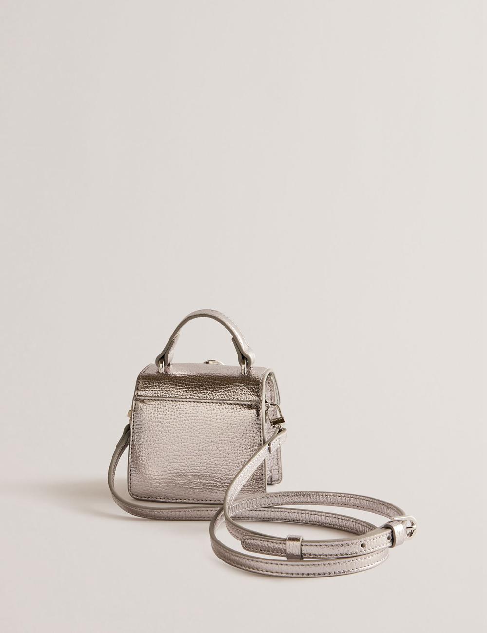 Women Ted Baker ROSLIE - Metallic Leather Mini Top Handle Shoulder Bags Silver | KSA  0759-MSYAQ