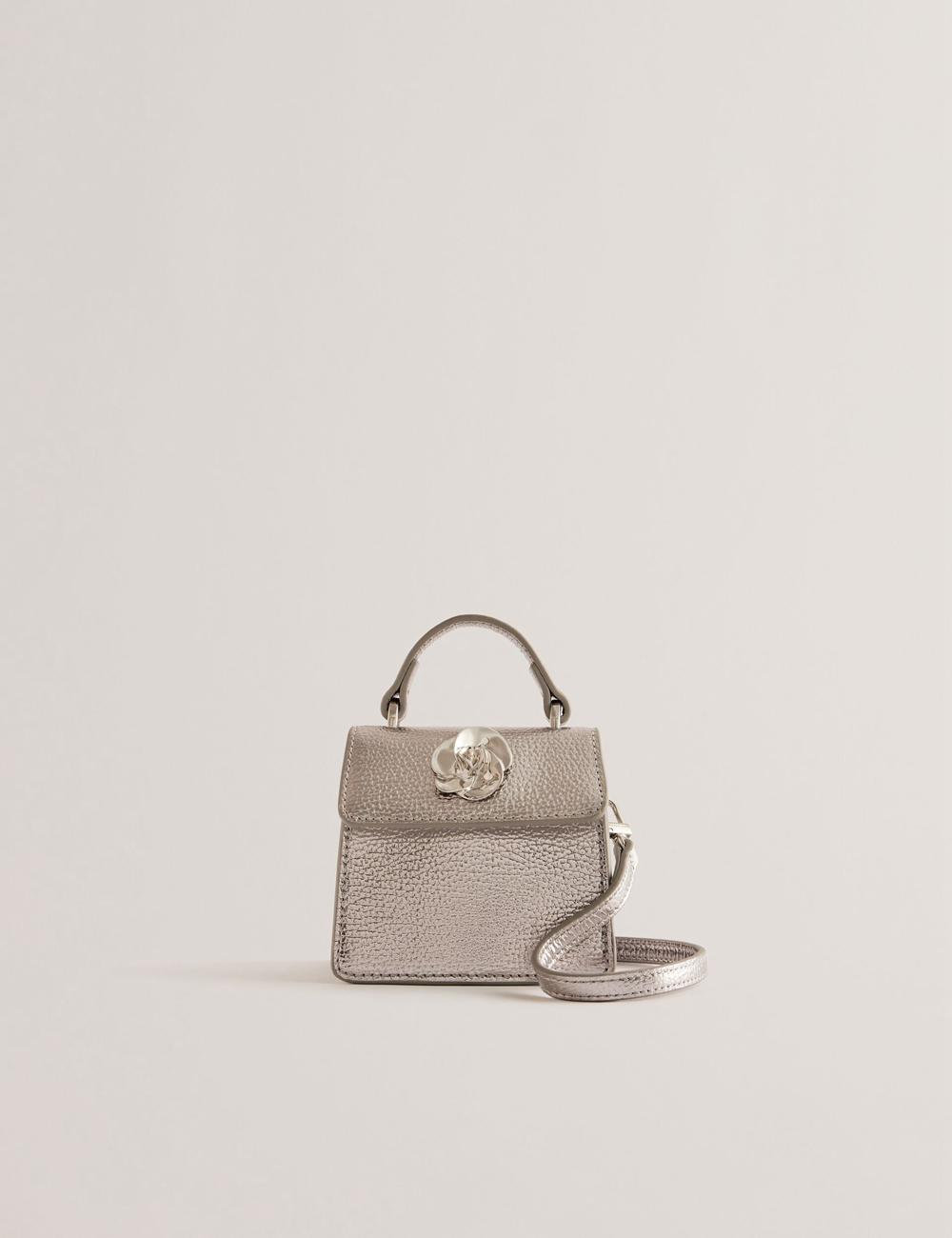 Women Ted Baker ROSLIE - Metallic Leather Mini Top Handle Shoulder Bags Silver | KSA  0759-MSYAQ