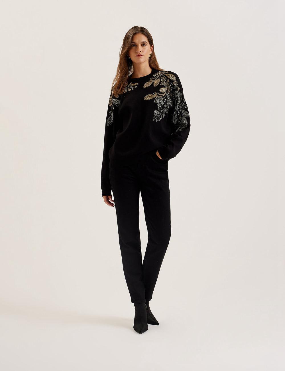 Women Ted Baker ROSMRRY - Embellished Floral Detail Knitted Jumpers Black | KSA  0328-FALUJ