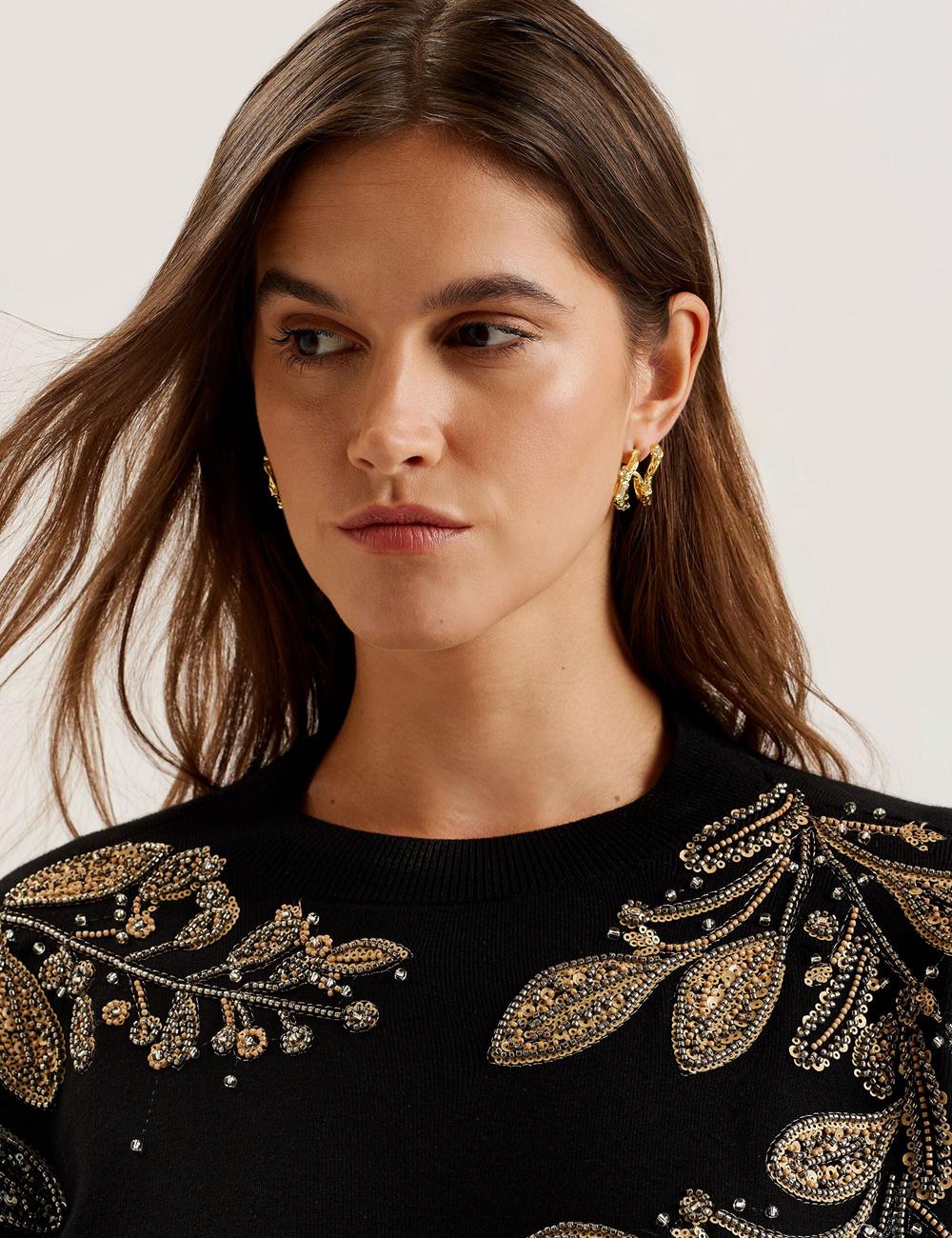 Women Ted Baker ROSMRRY - Embellished Floral Detail Knitted Jumpers Black | KSA  0328-FALUJ