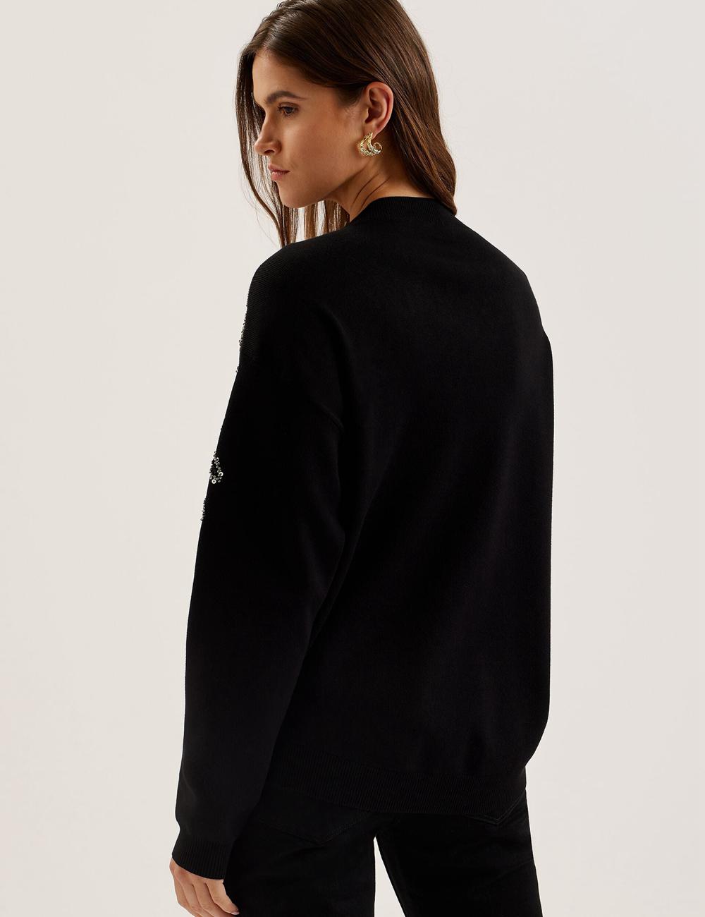 Women Ted Baker ROSMRRY - Embellished Floral Detail Knitted Jumpers Black | KSA  0328-FALUJ