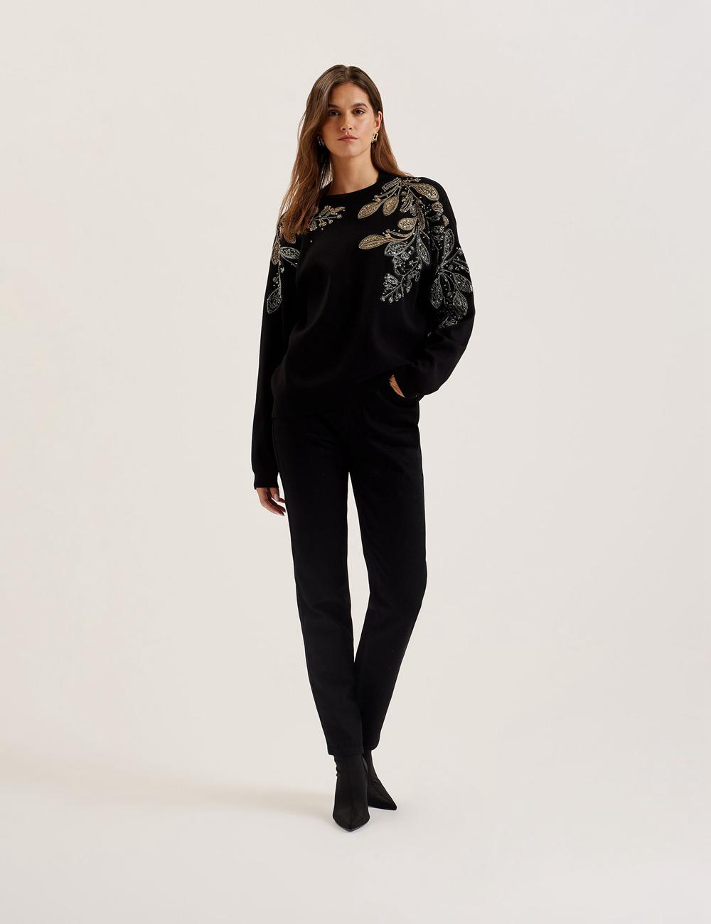 Women Ted Baker ROSMRRY - Embellished Floral Detail Knitted Jumpers Black | KSA  0328-FALUJ