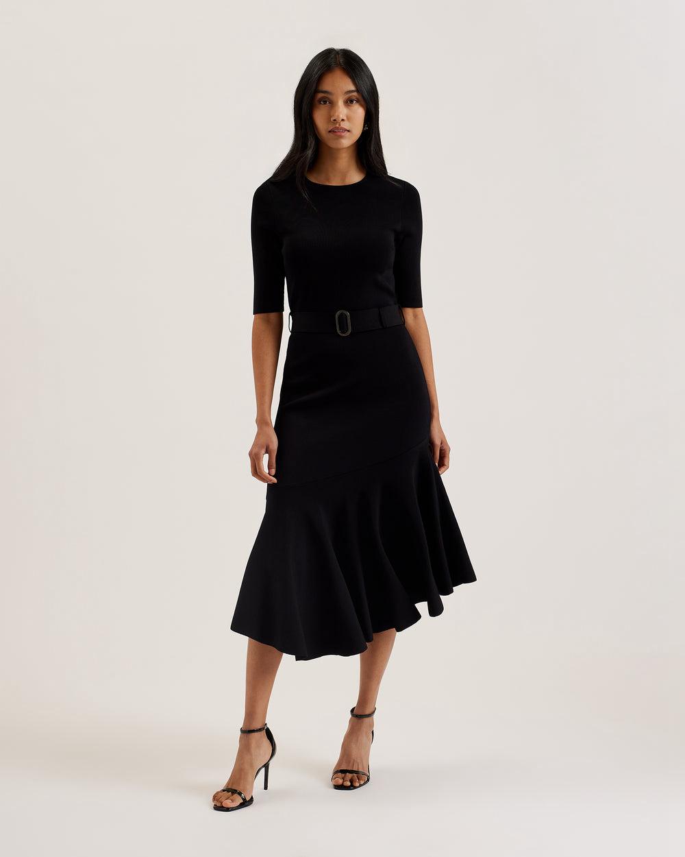Women Ted Baker SAMALEE - Flippy Hem Knitted Midi Dresses Black | KSA  7862-GASHQ