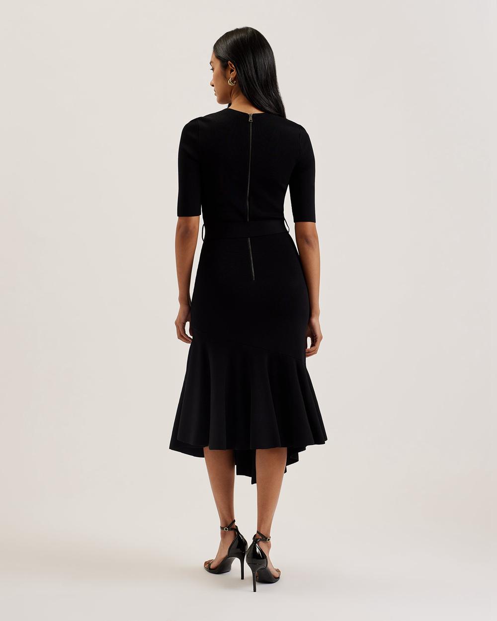 Women Ted Baker SAMALEE - Flippy Hem Knitted Midi Dresses Black | KSA  7862-GASHQ