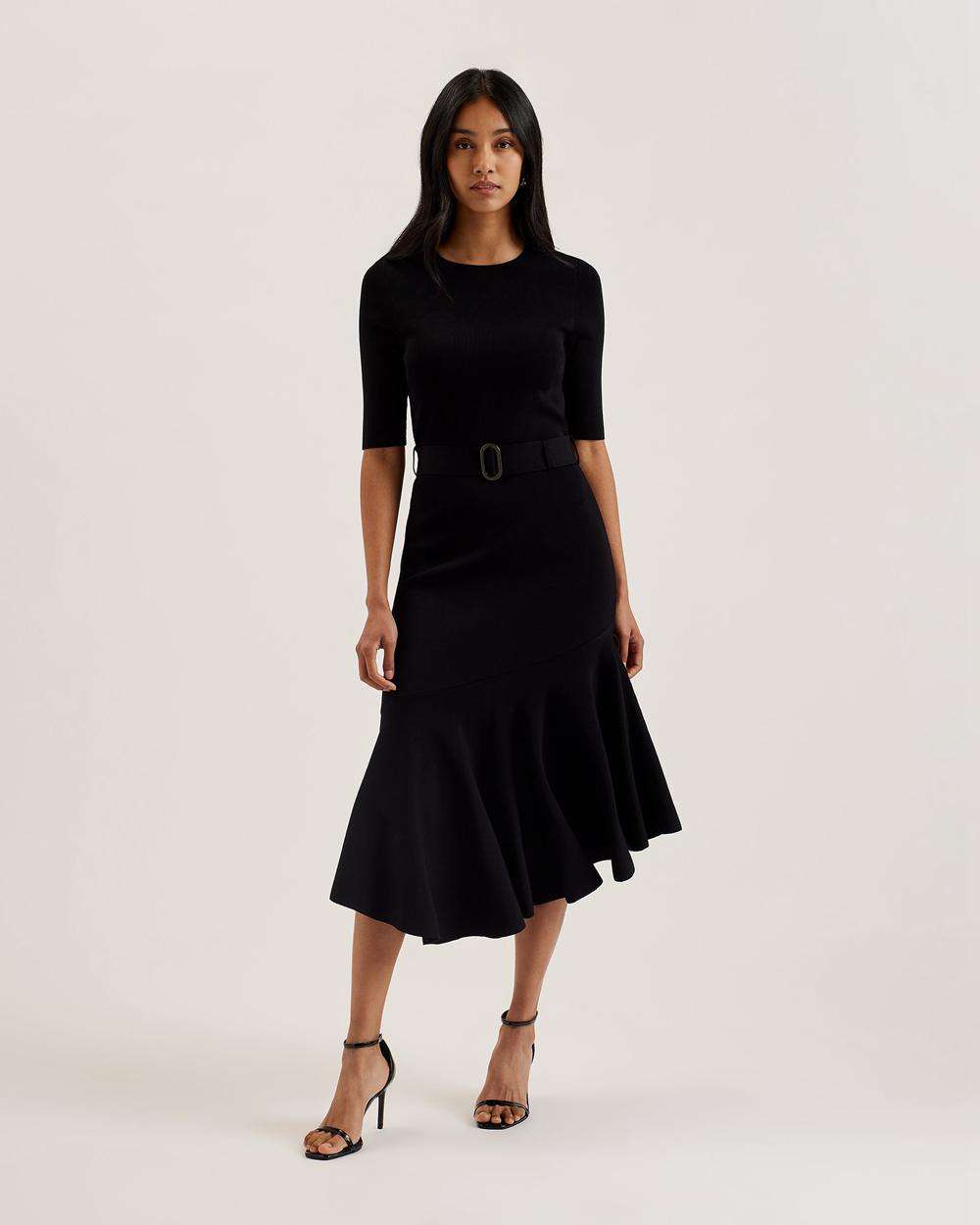 Women Ted Baker SAMALEE - Flippy Hem Knitted Midi Dresses Black | KSA  7862-GASHQ