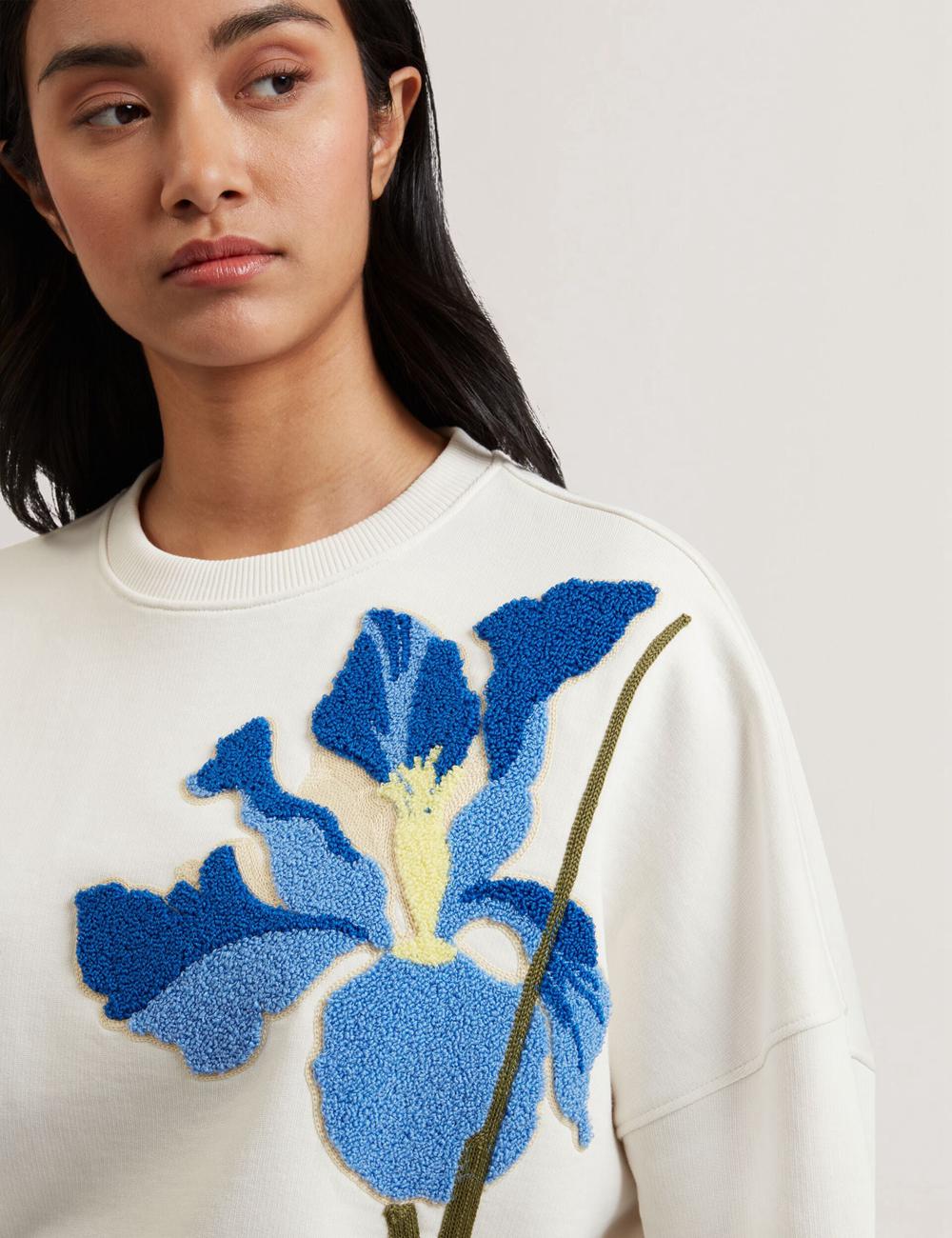 Women Ted Baker SANDERR - Tufted Floral Graphic Cotton Sweatshirts White | KSA  3458-XEBVZ