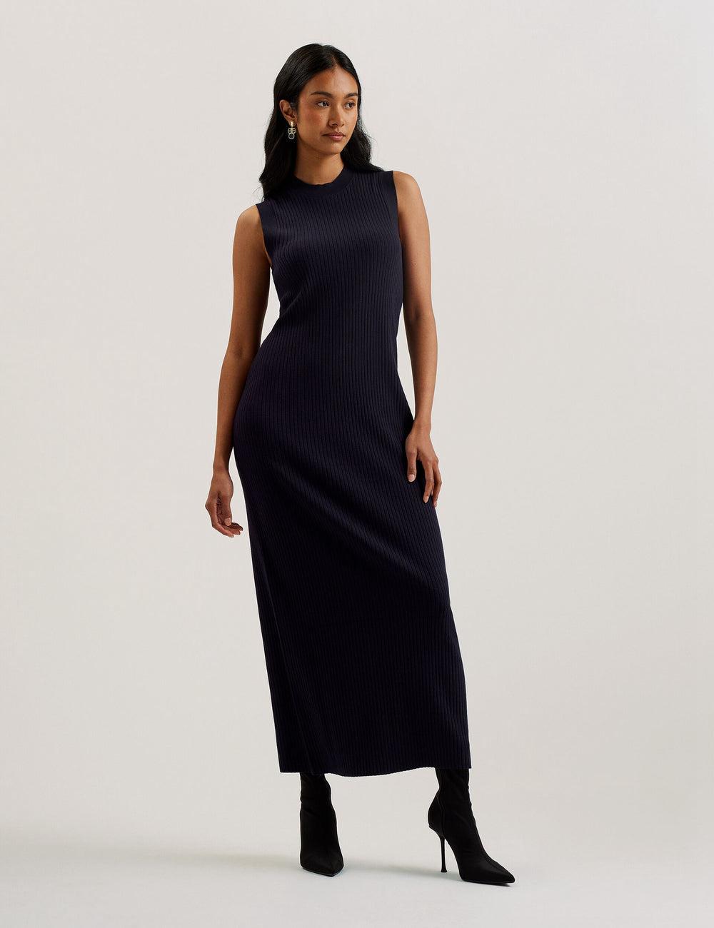 Women Ted Baker SANDIII - Sleeveless Ribbed Knit Column Maxi Dresses Navy | KSA  0271-YTJBA