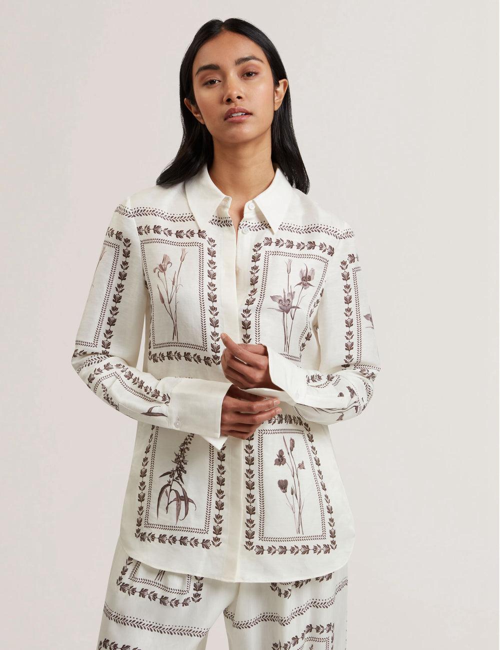 Women Ted Baker SIMCOA - Panel Print Silk Linen Longline Casual Shirts Ivory | KSA  5907-VZONF