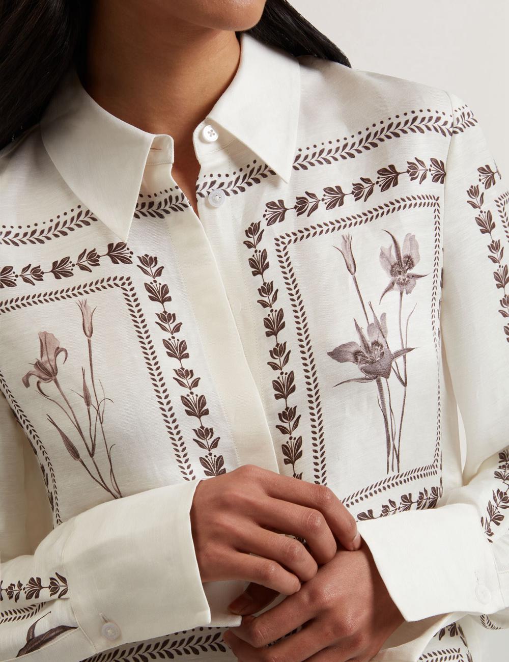 Women Ted Baker SIMCOA - Panel Print Silk Linen Longline Casual Shirts Ivory | KSA  5907-VZONF
