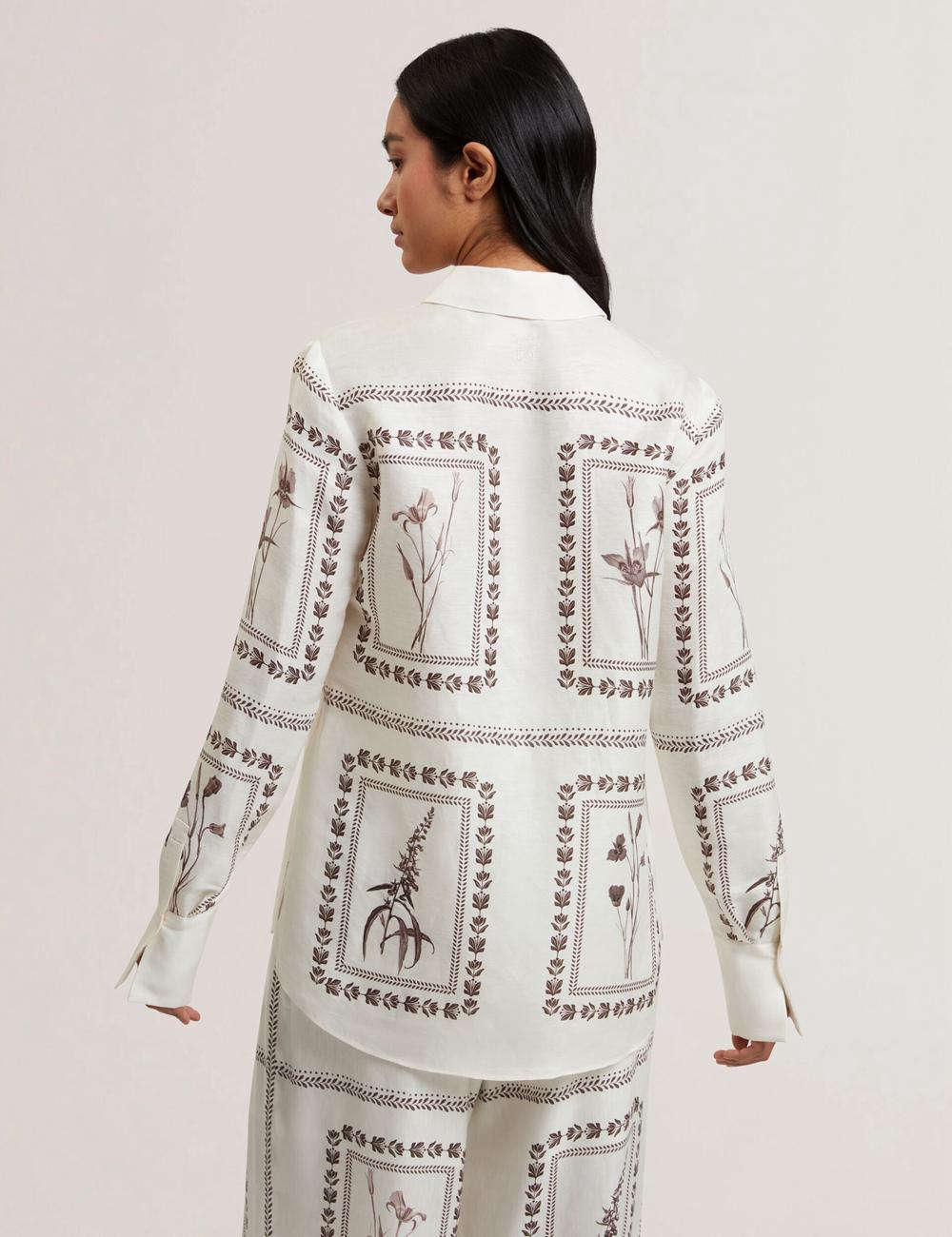 Women Ted Baker SIMCOA - Panel Print Silk Linen Longline Casual Shirts Ivory | KSA  5907-VZONF