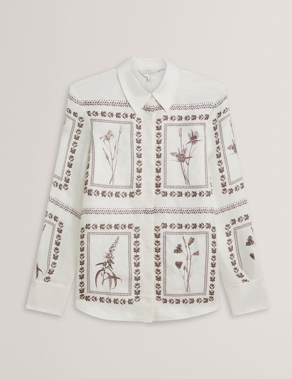 Women Ted Baker SIMCOA - Panel Print Silk Linen Longline Casual Shirts Ivory | KSA  5907-VZONF