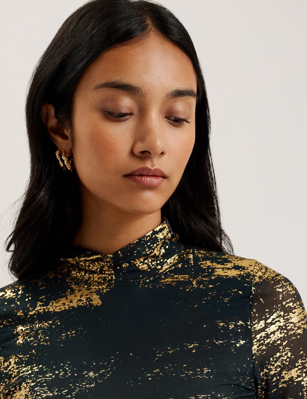 Women Ted Baker SOFIY - Foil Print High Neck Mesh Top Jumpers Dk-Green | KSA  7859-YWJLN