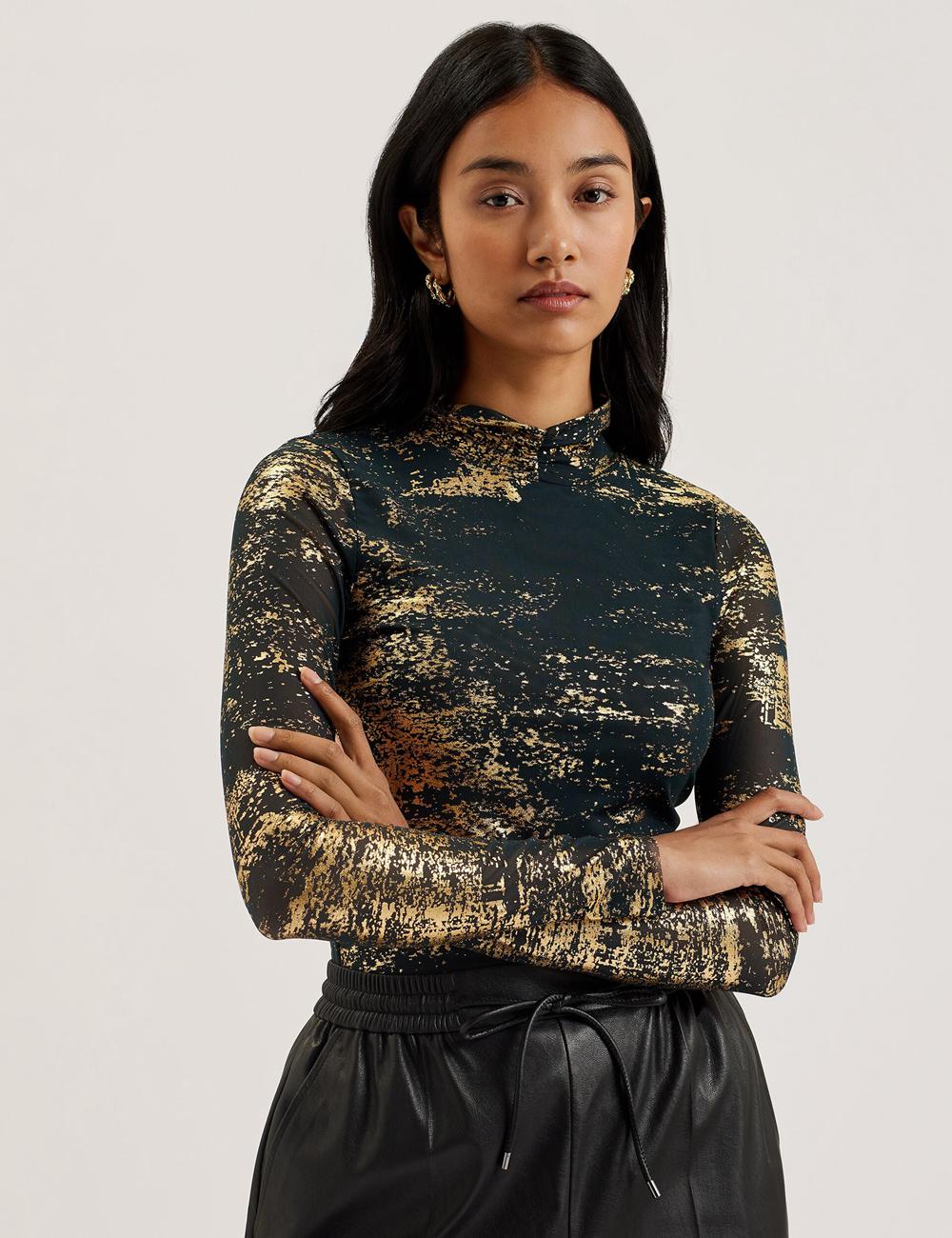 Women Ted Baker SOFIY - Foil Print High Neck Mesh Top Jumpers Dk-Green | KSA  7859-YWJLN