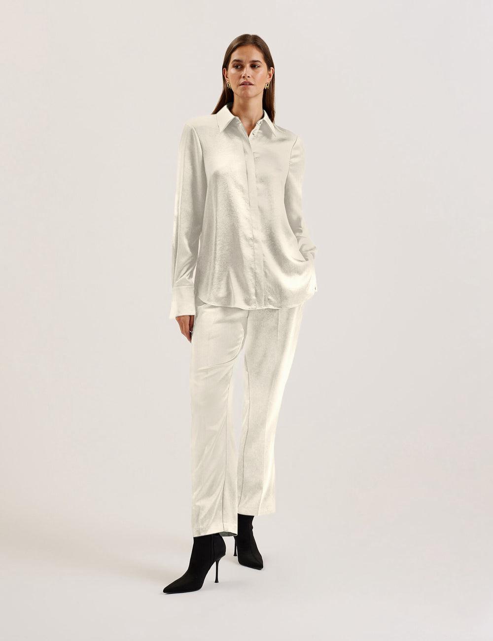 Women Ted Baker SONORA - Satin Longline Covered Placket Formal Shirts Ivory | KSA  8563-WKDTR