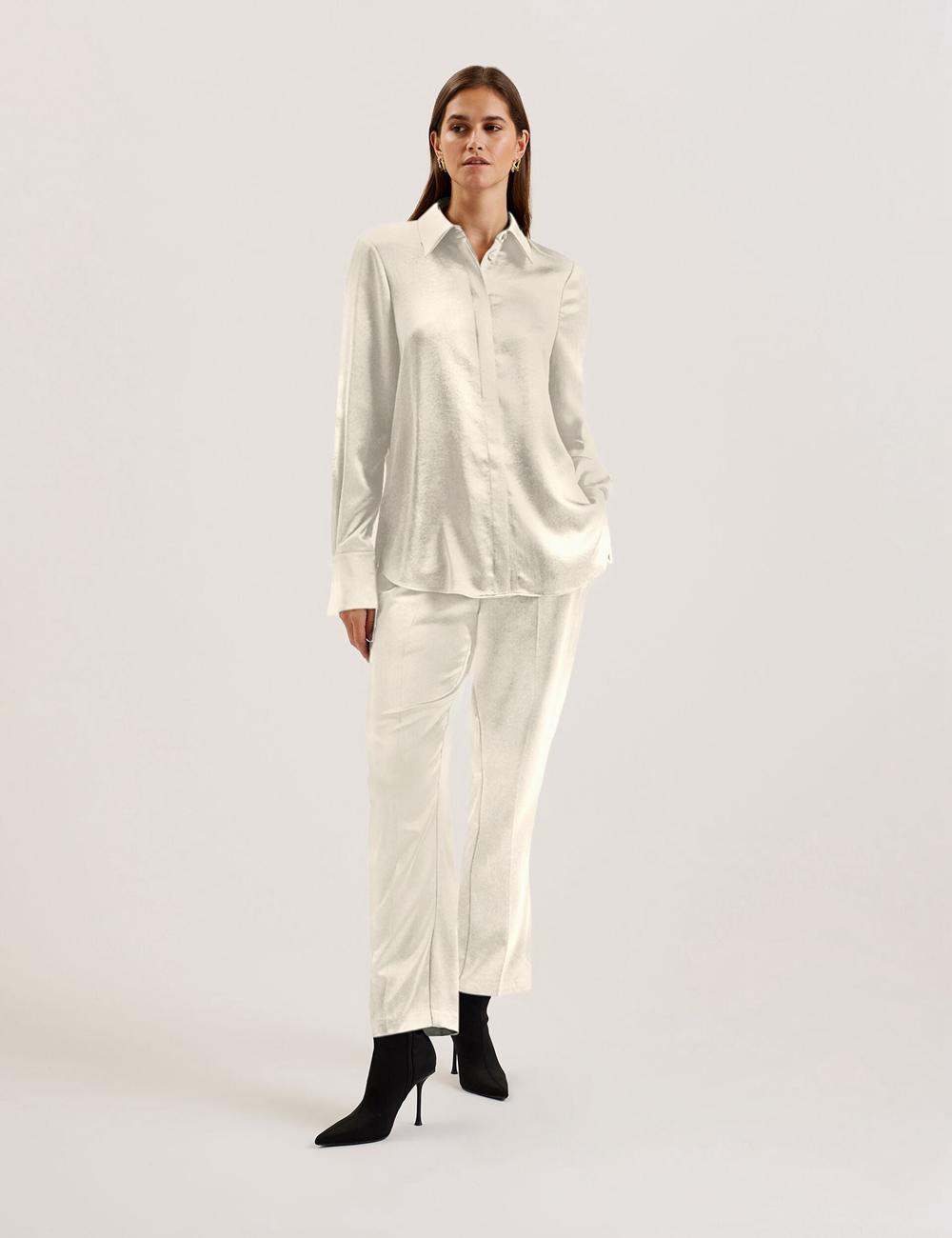 Women Ted Baker SONORA - Satin Longline Covered Placket Formal Shirts Ivory | KSA  8563-WKDTR