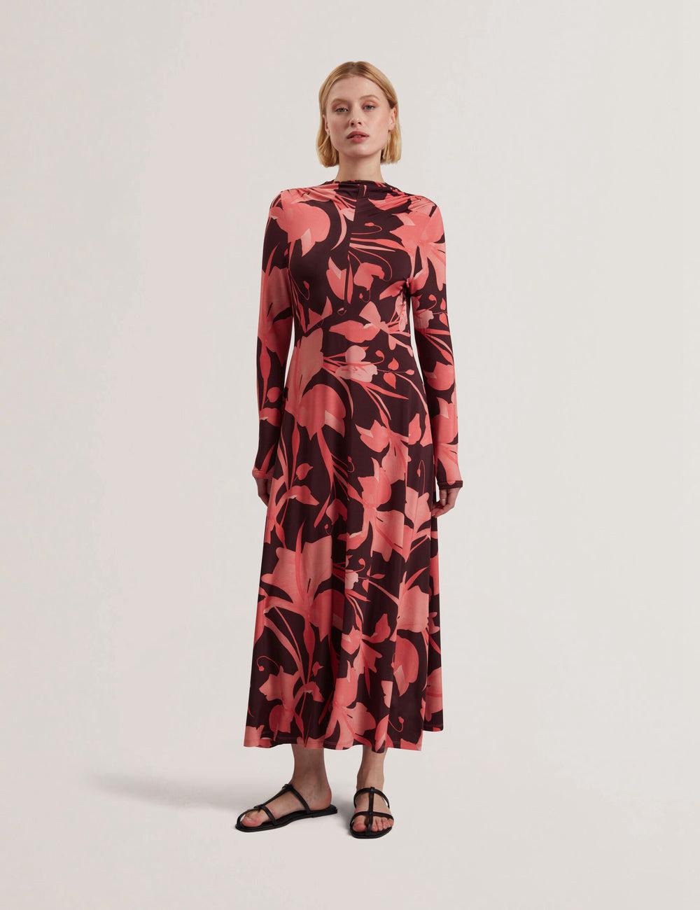 Women Ted Baker STARLAH - Slinky Printed Jersey Long Sleeve Midi Dresses Dk-Brown | KSA  0152-YCBDF