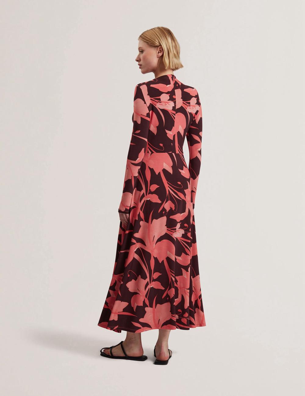 Women Ted Baker STARLAH - Slinky Printed Jersey Long Sleeve Midi Dresses Dk-Brown | KSA  0152-YCBDF