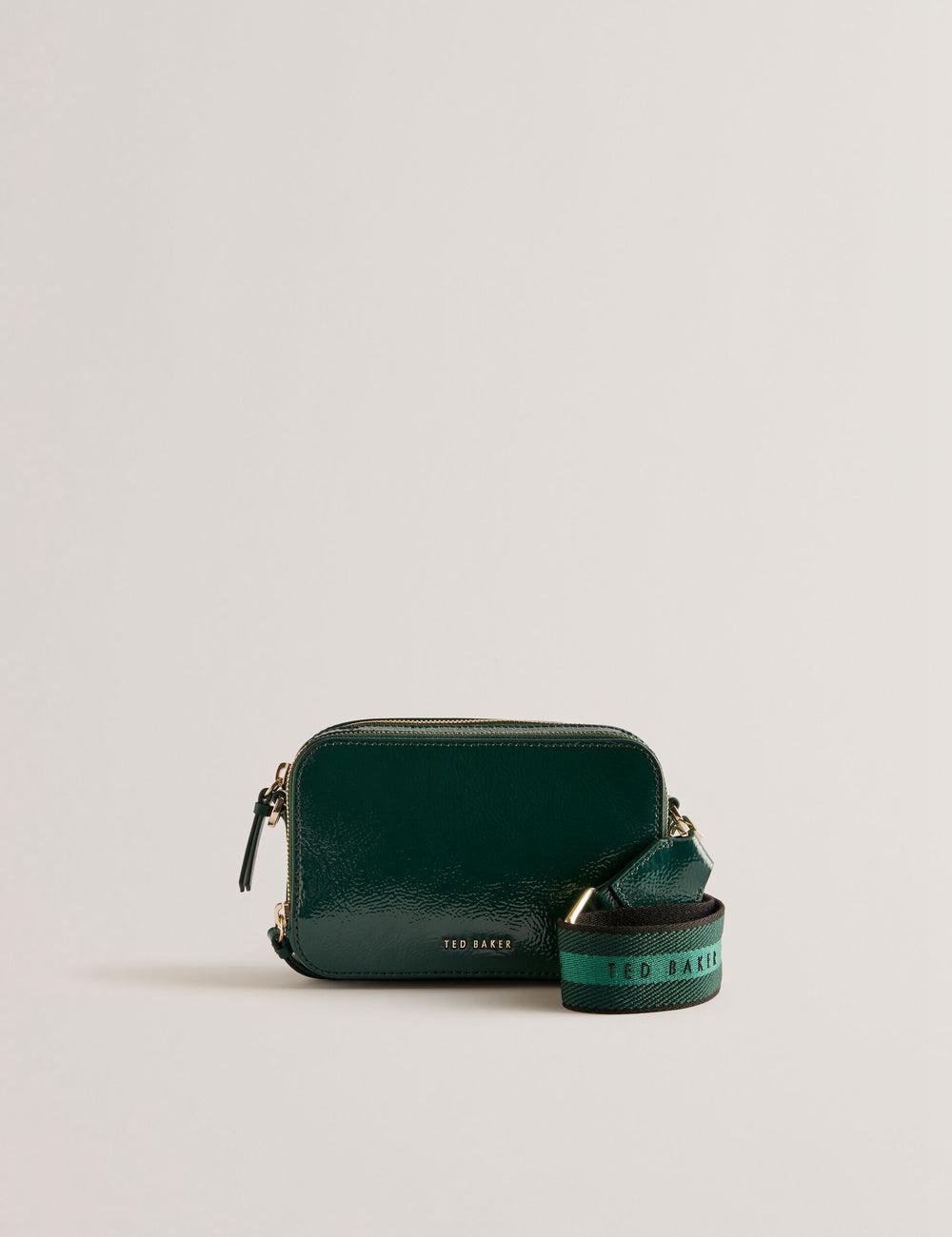 Women Ted Baker STUNWA - Patent Leather Webbing Camera Camera Bag Mid-Green | KSA  5274-PMYEH