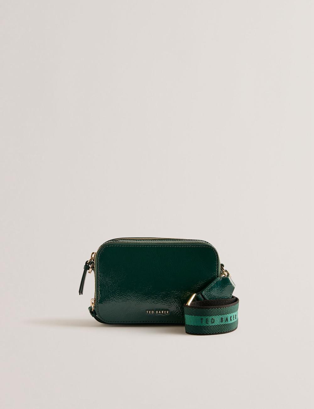 Women Ted Baker STUNWA - Patent Leather Webbing Camera Camera Bag Mid-Green | KSA  5274-PMYEH